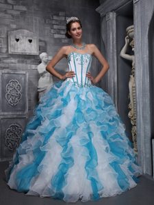 Affordable Appliqued Taffeta and Organza Quince Dress in White and Blue