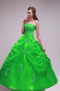 Discount Strapless Organza Spring Green Dress for Quince with Appliques