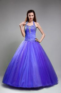 Cute Halter Top Beaded Tulle Sweet Sixteen Quinceanera Dress in Purple