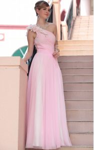 Edgy One Shoulder Sleeveless Chiffon Floor Length Side Zipper Prom Evening Gown in Hot Pink with Beading and Hand Made F