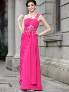Floor Length Zipper Dress for Prom Hot Pink for Prom and Party with Sequins