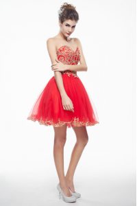 Sleeveless Organza Mini Length Side Zipper Prom Dresses in Coral Red with Appliques and Ruffles