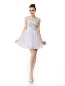Scoop Organza Cap Sleeves Mini Length Prom Evening Gown and Beading and Ruching