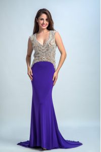 Dynamic Purple V-neck Backless Beading Prom Evening Gown Sleeveless