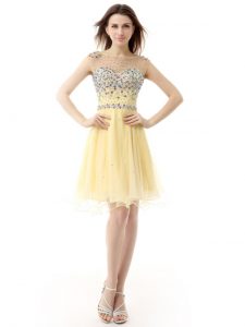 Sleeveless Organza Knee Length Zipper Prom Evening Gown in Light Yellow with Beading