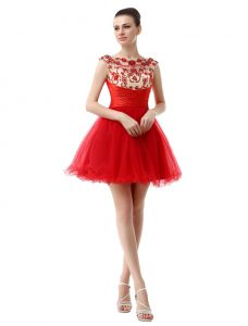 Suitable Beading and Ruching Prom Party Dress Red Zipper Cap Sleeves Mini Length