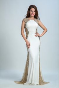 Beautiful White Chiffon and Tulle Backless Bateau Sleeveless Floor Length Prom Evening Gown Beading
