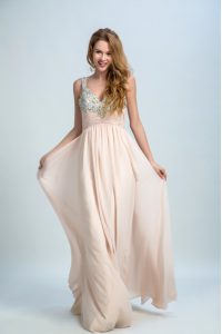 Champagne Sleeveless Chiffon Brush Train Zipper Prom Dress for Prom and Party