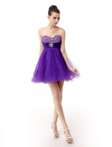 Fine Purple A-line Beading Prom Party Dress Zipper Organza Sleeveless Knee Length