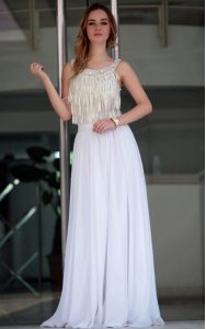 Shining White Satin Zipper Straps Sleeveless Floor Length Prom Party Dress Beading