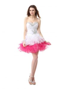 Edgy Pink And White Lace Up Sweetheart Beading and Ruffles Evening Dress Organza Sleeveless