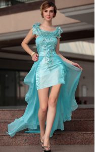 Unique Sequins High Low Aqua Blue Prom Dresses Scoop Sleeveless Zipper