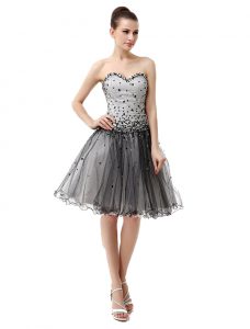Knee Length Lace Up Prom Dress Black for Prom and Party with Beading and Ruffled Layers and Ruching