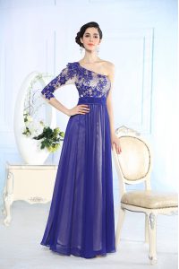 Colorful One Shoulder Beading and Appliques Dress for Prom Blue Side Zipper Long Sleeves Floor Length