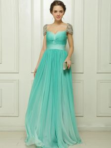 Cheap Turquoise Column/Sheath Beading and Ruching Prom Evening Gown Zipper Chiffon Cap Sleeves