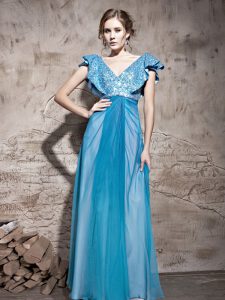 Cap Sleeves Tulle Floor Length Zipper Prom Party Dress in Teal with Sequins