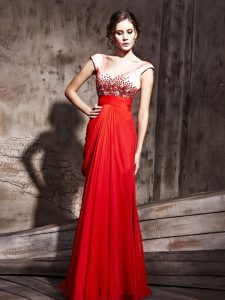 Coral Red Homecoming Dress Prom and Party and For with Beading V-neck Cap Sleeves Backless
