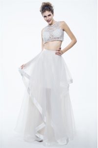 Unique Scoop Floor Length White Prom Dress Chiffon Sleeveless Beading and Lace