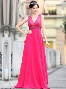 Hot Pink Zipper Prom Dresses Beading and Sequins Sleeveless With Brush Train