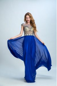 Beauteous Royal Blue Column/Sheath Bateau Cap Sleeves Chiffon Floor Length Zipper Beading Prom Dress