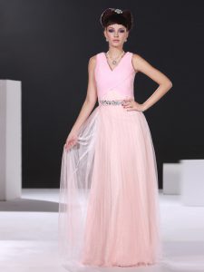 Chic Pink V-neck Side Zipper Beading and Ruching Evening Dress Sleeveless