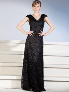 Clearance Black Cap Sleeves Brush Train Beading and Lace With Train Prom Gown