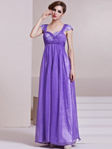 Ideal Lavender Side Zipper Prom Evening Gown Sequins and Ruching Cap Sleeves Ankle Length