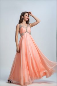 Elegant Floor Length Orange Homecoming Dress Organza Sleeveless Beading