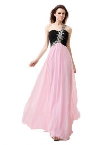 Charming Pink And Black Empire One Shoulder Sleeveless Chiffon Floor Length Zipper Beading and Appliques and Ruffles Dre