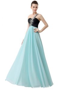Hot Sale Empire Prom Gown Blue And Black One Shoulder Chiffon Sleeveless Floor Length Zipper