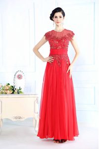 Sumptuous Coral Red Column/Sheath Scoop Sleeveless Organza Floor Length Zipper Beading Prom Party Dress