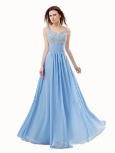 Fine Sleeveless Chiffon and Sequined Floor Length Side Zipper Prom Party Dress in Blue with Beading