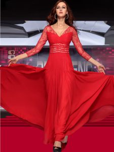 Column/Sheath Prom Gown Red V-neck Chiffon Sleeveless Floor Length Zipper