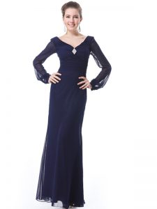 Customized V-neck Long Sleeves Side Zipper Dress for Prom Navy Blue Organza