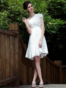 One Shoulder Beading Prom Dress White Zipper Sleeveless Knee Length