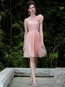 Tulle One Shoulder Sleeveless Side Zipper Beading and Hand Made Flower Prom Evening Gown in Peach