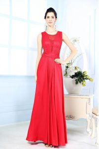 Elegant Scoop Red Zipper Dress for Prom Ruching Sleeveless Floor Length