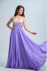 Lavender Backless One Shoulder Beading Dress for Prom Chiffon Sleeveless Brush Train