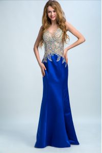 Wonderful Sleeveless Chiffon Floor Length Backless Prom Evening Gown in Royal Blue with Beading