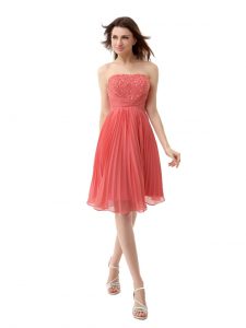 Watermelon Red Strapless Zipper Beading and Pleated Prom Evening Gown Sleeveless