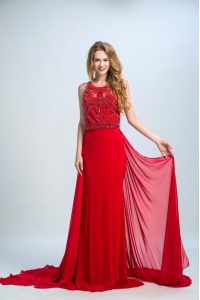 Lovely Red Ball Gowns Chiffon Scoop Sleeveless Beading With Train Side Zipper Prom Gown Court Train