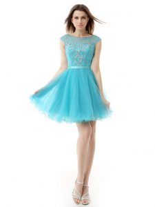 Customized Aqua Blue Prom Gown Prom and Party and For with Beading Bateau Sleeveless Zipper