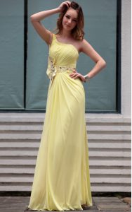Luxurious One Shoulder Beading Evening Dress Light Yellow Side Zipper Sleeveless Floor Length