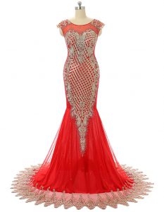 Scoop Red Prom Evening Gown Satin Brush Train Sleeveless Beading and Lace
