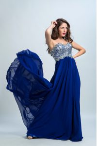 Royal Blue Zipper Sweetheart Beading Dress for Prom Chiffon Sleeveless Brush Train