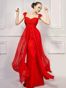 Red Column/Sheath Lace Sweetheart Cap Sleeves Beading and Lace and Sashes ribbons With Train Lace Up Prom Dress Brush Tr