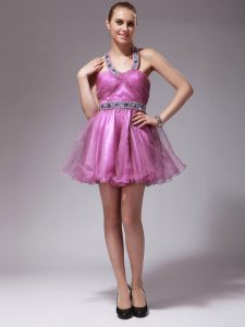 Superior Halter Top Beading Prom Evening Gown Rose Pink Zipper Sleeveless Mini Length