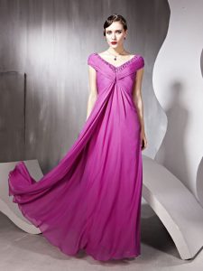 Rose Pink Tulle Zipper V-neck Cap Sleeves Floor Length Evening Dress Beading and Ruching