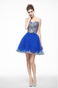 Flare Mini Length Side Zipper Royal Blue for Prom with Beading and Embroidery