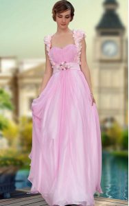 Sleeveless Zipper Floor Length Belt and Hand Made Flower Prom Party Dress